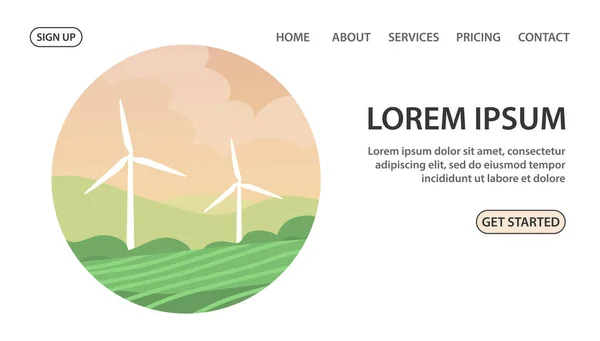 グリーンフィールドの生態学的タービン風力発電機 自然電気について 環境と代替エネルギー源の世話をする ベクトルイラスト ウェブサイトのデザイン バナー — ストックベクタ