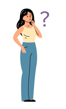 Genç bir kadın beyaz arka plandaki soruyu düşündü.