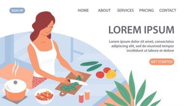 A young woman prepares a homemade dinner in the kitchen. Kitchen table. Cook dinner recipe. Healthy diet food. Home life. Design for banner, website, poster. Vector illustration on white background
