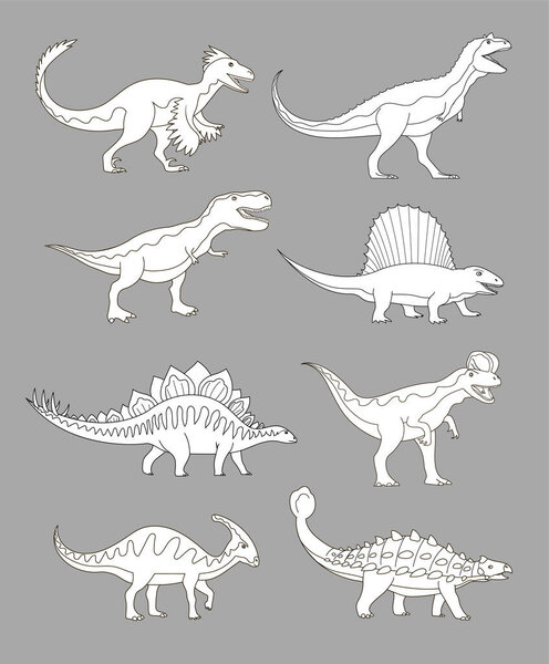 Set of ancient carnivorous and herbivorous dinosaurs. T rex, raptor, stegosaurus. Extinct lizards of the Jurassic period. Paleontology animals. Cartoon vector illustration. Black and white line
