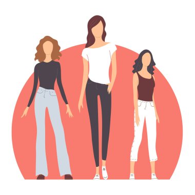 Yaz kıyafetleri içinde güzel modern kızlar. Moda mankenleri. Güzel kadınlar. Vektör düz çizim. Beyaz arkaplan