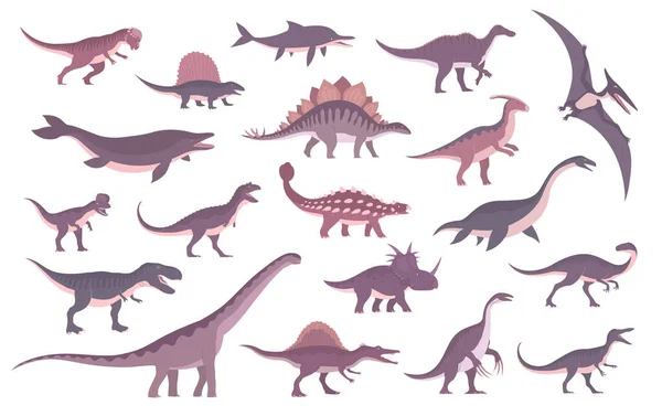 stock vector Set of ancient carnivorous and herbivorous dinosaurs. Stegosaurus, tyrannosaurus rex, pteranodon and spinosaurus. Extinct lizard Jurassic period. Paleontology animals. Vector isolated illustration