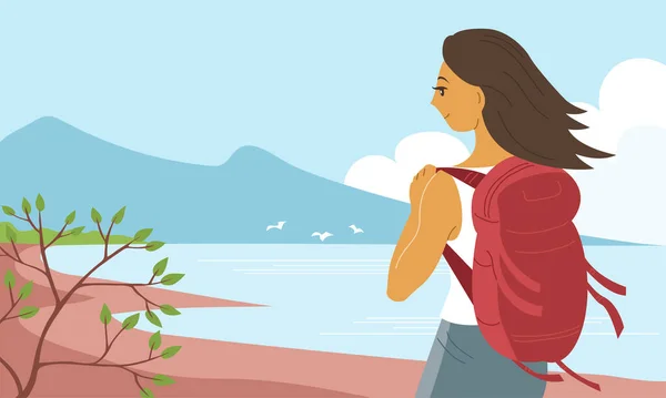 年轻的旅游女孩 背着背包远足的人有海岸和山脉的海景 美丽的大自然野生海滩 夏天的海湖平面矢量图解背景 — 图库矢量图片