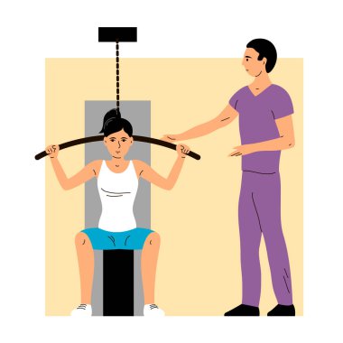Fiziksel rehabilitasyon kliniği. Erkek doktorun gözetiminde egzersiz yapan bir kız hasta. Terapi ve iyileşme. Düz vektör illüstrasyonu