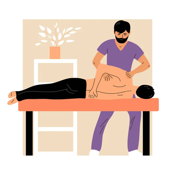 Massage Room Rehabilitation Clinic Doctor Chiropractor Man Patient Therapy Exercise — Stock Vector