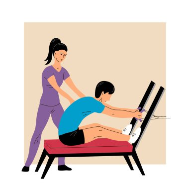 Fiziksel rehabilitasyon kliniği. Erkek hasta, kadın doktorun gözetiminde egzersiz yapıyor. Terapi ve iyileşme. Düz vektör illüstrasyonu