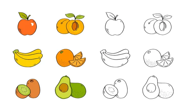 Set Fruits White Background Bananas Kiwi Avocado Orange Apple Apricot — Stock Vector
