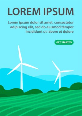 Yeşil alanlarda ekolojik rüzgar jeneratörü. Doğal elektrik. Çevreye önem vermek ve alternatif bir enerji kaynağı. Poster, afiş, web sitesi için tasarım. Vektör illüstrasyonu