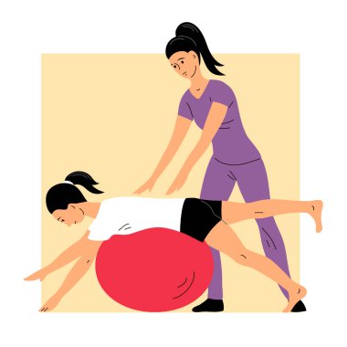 Genç bir kadın jimnastik topunda egzersiz yapıyor. Fizyoterapist kız yardım ediyor. Topun dengesi. Rahatlama ve denge. Düz vektör illüstrasyonu