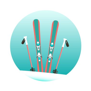 Alpine skis and poles in the snow. Ski winter resort. Mountain skiing. Winter sport and entertainment. Flat vector illustration clipart