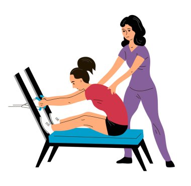 Spor simülatörü üzerinde egzersiz yapan genç bir kadın. Kadın doktorun denetimi. Fizyoterapist ve kinezyolog. Vücut eğitimi ve güçlendirme. Spor, terapi ve iyileşme. Vektör illüstrasyonu