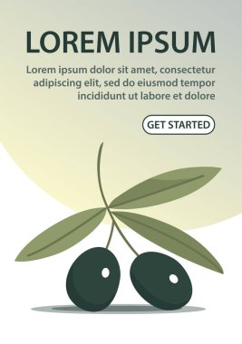 Cam zeytinyağı şişesi. Bir zeytin dalı. İtalyan mutfağı. Yemek tarifi için kullanışlı bir malzeme. Sağlıklı diyet yemekleri. İtalya bitkisi. Vektör karikatür çizimi. Web sitesi ve pankart için tasarım