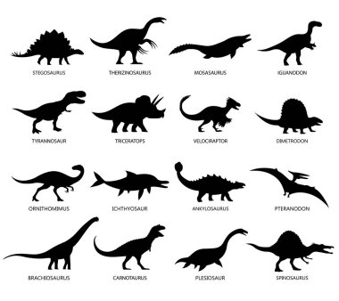 Bir grup siyah siluet dinozor. Brachiosaurus, t rex, stegosaurus ve pteranodon. Jurasik dönemin soyu tükenmiş kertenkelesi. Tarih öncesi dinazor. Vektör illüstrasyonu