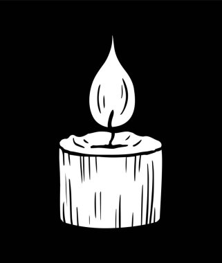 Yanan parafin mumu. Bir alev kıvılcımı. Ev için aksesuar, kaplıca salonu. Siyah ve beyaz vektör çizimi. El çizimi çizimi çizimi