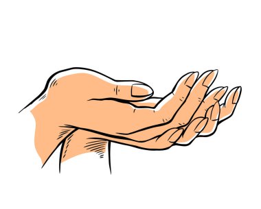 Kadın eli işte. Sormak ya da tutmak için işaret et. Hassas cilt bakım. Güzellik ve sağlık. Logo, spa salonu şablonu. Beyaz arkaplanda vektör çizimi izole edildi. El çizimi çizimi çizimi