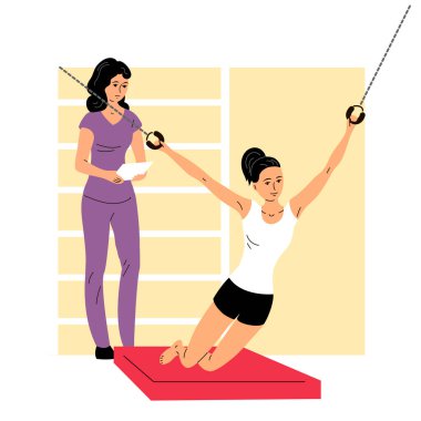 Fiziksel rehabilitasyon kliniği. Kız antrenman aletleri üzerine kaslarını esnetiyor. Doktor kadın. Terapi ve iyileşme. Kinezioloji ve fizyoterapi. Düz vektör illüstrasyonu