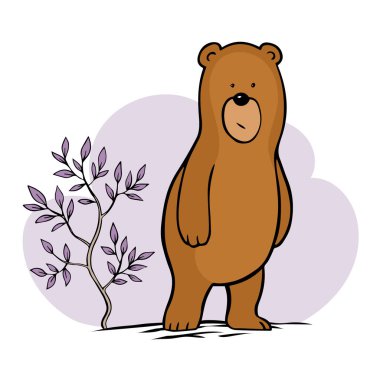 Ormanda yaşayan çizgi film ayısı. Şaşkın surat. Ağaç yaprakları. Çocuklar için komik ve sakar bir karakter. Vahşi hayvan. Kartpostal karakteri. Vektör izole edilmiş hayvan illüstrasyonu. El çizimi çizgi