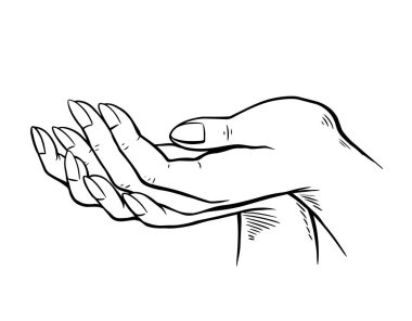 Kadın eli işte. Sormak ya da tutmak için işaret et. Hassas cilt bakım. Güzellik ve sağlık. Logo, spa salonu şablonu. Siyah-beyaz vektör çizimi. El çizimi çizimi çizimi