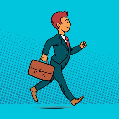 Elinde evrak çantası olan genç bir iş adamı. Başarılı ve mutlu bir adam. Çizgi film vektör çizimi. El çizgisi. Pop sanatının komik tarzı