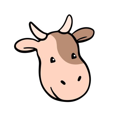 Memeli inek. Kafa portresi. Çiftlik, süt ve et için sevimli bir evcil hayvan. Çocuk karakteri. Memelileri yönlendir. Benekli renk. Vektör karikatür çizimi beyaz arkaplanda izole edildi