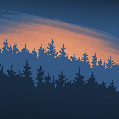 Güneşin parıltısıyla dramatik bir gece göğü. Mavi arka planda kozalaklı orman silueti. Güzel fantastik manzara. Vektör sanatı illüstrasyonu