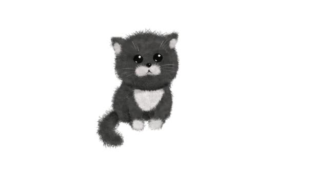 塔比小猫咪 可爱的毛茸茸的猫家养宠物 卡通画是黑白的 视频运动 白色背景上的动画2D镜头 — 图库视频影像