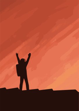 İnsanoğlu Mars gezegenini fethetti. Kızıl gökyüzüne karşı bir astronotun silueti. Bilim ve teknolojinin zaferi. Gelecekçi vektör sanatı çizimi