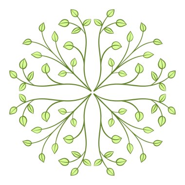 Yeşil yapraklı bir dalın süs kaleydoskopu. Kart, davetiye ve broşür için dekorasyon ve tasarım. Beyaz arkaplanda vektör sanatı çizimi