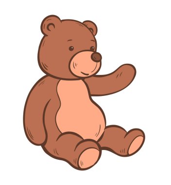 Oyuncak ayı. Beyaz arka planda nazik bir ayı. Merhaba jest. Çocuklar için bir karakter. Kartpostal karakteri. Çizgi film vektörü çizimi izole etti. El çizimi çizgi