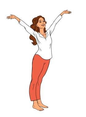 Genç, güzel bir kız. Mutlu bir genç. Neşeli duygu. Kadın karakteri. Hafta sonu eğlencesi. Beyaz arkaplanda vektör çizimi izole edildi. Pop sanatsal el çizimi