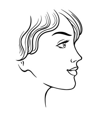 Güzel bir kızın çizgisel çizimi. Güzellik salonu logosu. Vektör siyah-beyaz moda illüstrasyonu. El çizimi biçim çizgisi