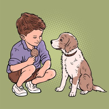 Küçük bir çocuk bir köpekle oynuyor. Çocuk bir hayvana kurabiye verir. Dostluk ve evcil hayvan. Mutlu bir çocukluk. Çizgi film vektör çizimi. El çizimi pop sanat
