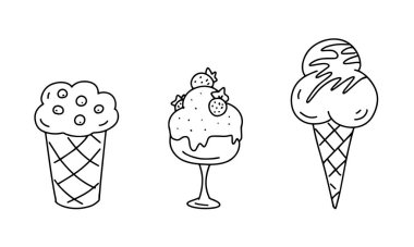 Waffle bardağında bir dondurma. Lezzetli yemekler, yaz laktik tatlıları. Çizgi film vektör çizimi. Siyah beyaz taslak çizimi