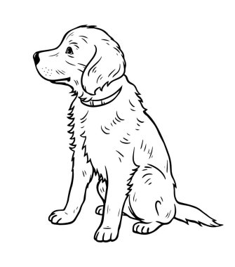 Şirin evcil köpek. Dost canlısı komik hayvan. Çizgi film vektörü siyah beyaz çizim. El çizimi taslak çizimi