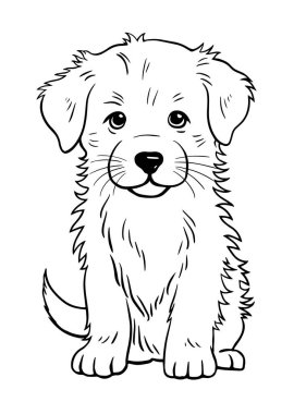 Şirin evcil köpek. Dost canlısı komik hayvan. Yüzü köpek yavrusu. Çizgi film vektörü siyah beyaz çizim. El çizimi taslak çizimi