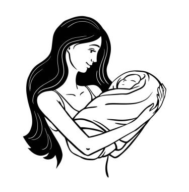 Bebekli genç bir anne. Anne sevgisi ve özen. Ebeveynler mutlu. Yeni bir hayat. Vector sanat illüstrasyonu siyah-beyaz. El çizimi çizim