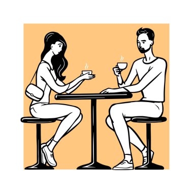 Bir kafede genç bir çift. Bir adam ve bir kız kahve içip sohbet ediyorlar. Vektör illüstrasyon çizimi