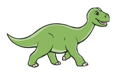 Tatlı çizgi film genç dinozoru. Küçük yeşil brontozor. Vektör izole Clipart çizimi. Beyaz arka plan. El çizimi ana hatları