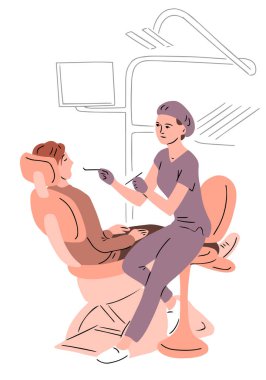 Hasta ve dişçi. Bir kadın doktor dişleri muayene eder ve tedavi eder. Diş sağlığı kliniği. Düz vektör çizimi beyaz arkaplanda izole edildi