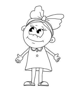 Küçük mutlu bir kızın portresi. Yüzünde bir gülümseme. Bir çocuğun vektör karikatür çizimi. Siyah beyaz çizim. El çizimi mürekkep