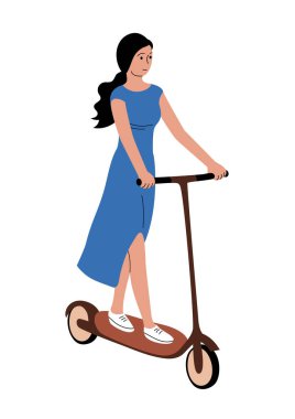 Genç bir kadın scooter kullanıyor.