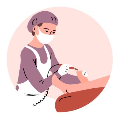 Podiyatrik güzellik salonu. Kadın bir ayak hastalıkları uzmanı bir hastaya pedikür uygular. Ayakların sağlığı ve güzelliği. Vektör illüstrasyonu