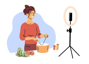 Bir kadın blogcu canlı yemek hazırlıyor