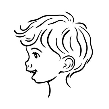 Küçük mutlu bir çocuğun karikatür portresi. Yüzünde bir gülümseme. Neşeli çocuk. Mutlu bir çocukluk. Vektör sanat illüstrasyonu. Siyah beyaz çizim. El çizimi çizgi