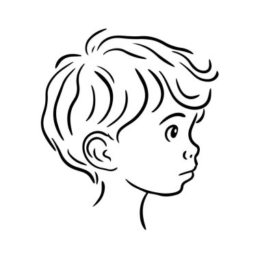 Küçük şirin bir çocuğun portresi. Yüzünde şaşkınlık ve şaşkınlık var. Çocukluk ve çocuklar. Beyaz arkaplanda siyah-beyaz çizgi film çizimi