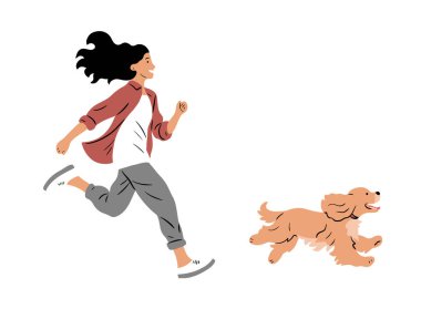 Genç bir kız spanyel bir köpekle koşuyor. Eğlence ve neşe. Evcil hayvan arkadaşı. Düz vektör çizimi beyaz arkaplanda izole edildi