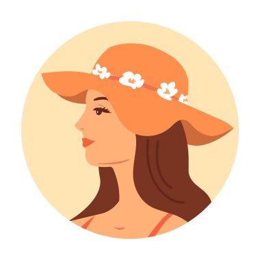 Yazlık hasır şapkalı güzel bir kadın. Yüz hatları yakın çekim. Moda ve güzellik. Tatiller ve tatiller. Vektör illüstrasyonu beyaz arkaplanda izole edildi