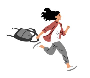 Genç bir kız ya da öğrenci elinde bir sırt çantasıyla neşeyle koşar. Mutlu genç kız. Okul tatili ve tatiller. Düz vektör çizimi beyaz arkaplanda izole edildi