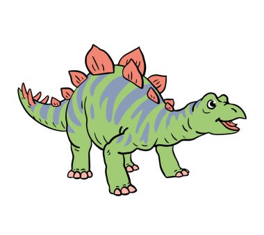 Tatlı çizgi film genç dinozoru. Küçük yeşil stegosaurus. Vektör izole Clipart çizimi. Beyaz arka plan. El çizimi ana hatları