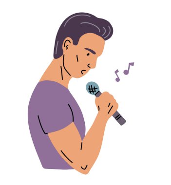 Genç bir adam mikrofona şarkı söylüyor. Şarkıcı ve yıldız. Ses ve şarkı. Müziği ve sesi kavra. Düz vektör çizimi beyaz arkaplanda izole edildi